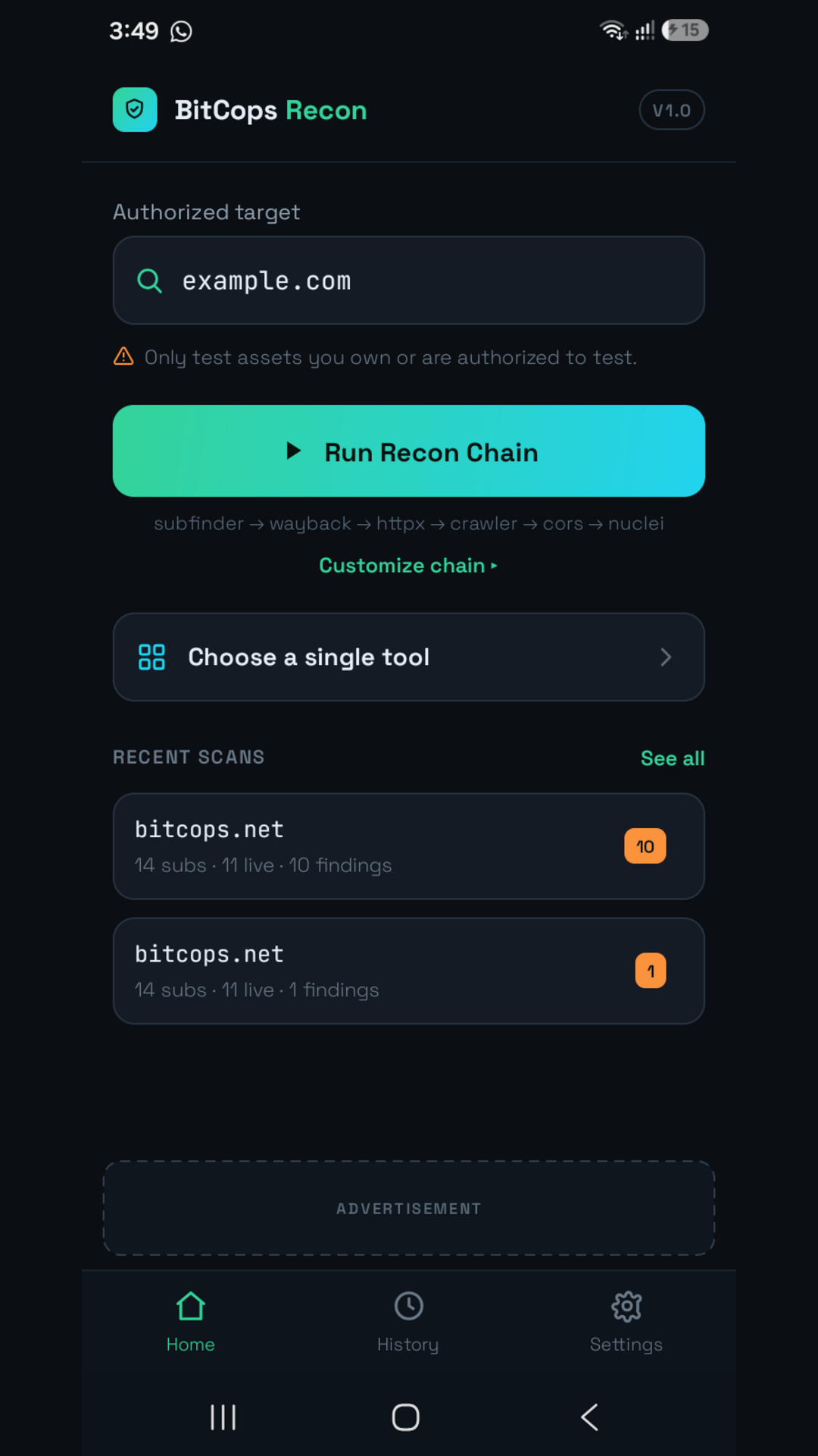 Bug Hunting Recon home dashboard