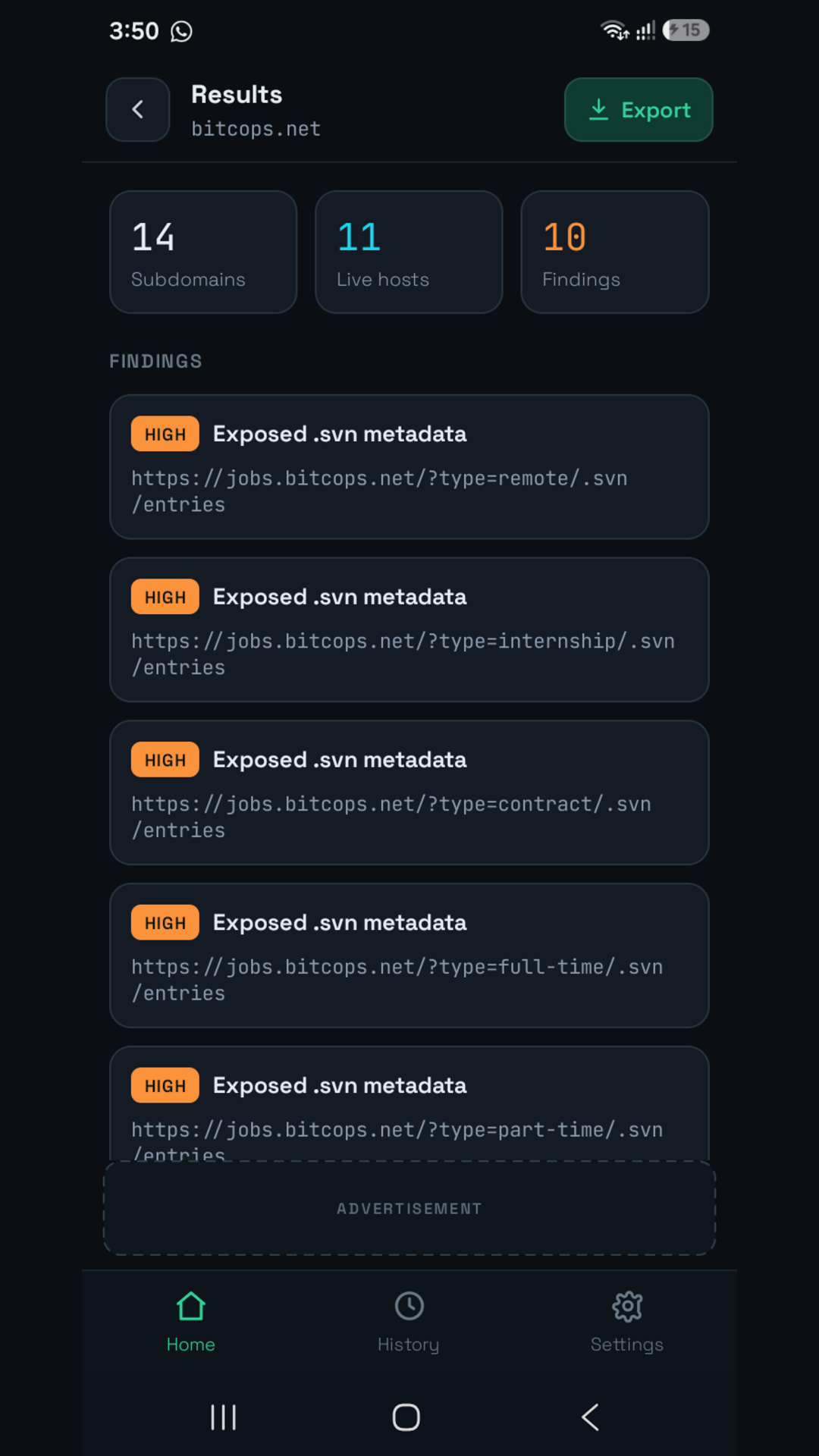 Severity-sorted findings and results